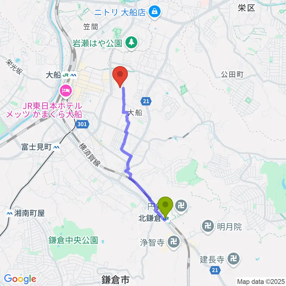 北鎌倉駅から鎌倉芸術館へのルートマップ地図