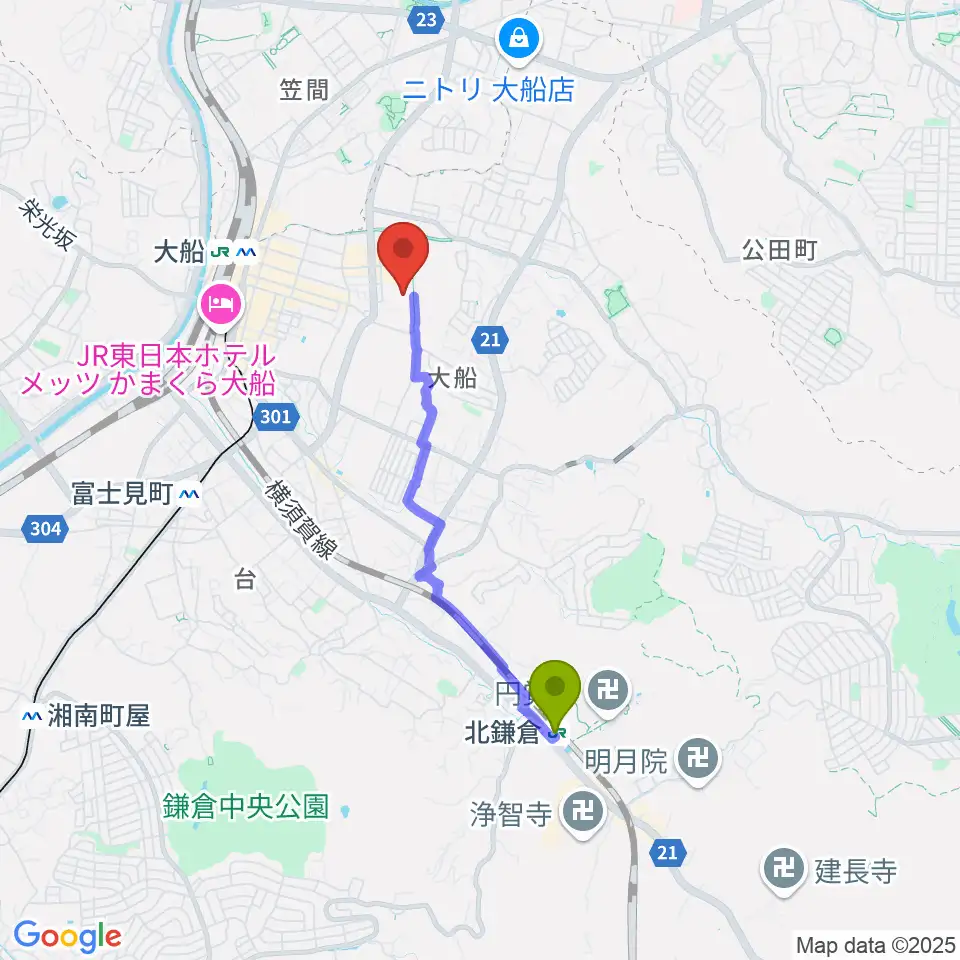 北鎌倉駅から鎌倉芸術館へのルートマップ地図