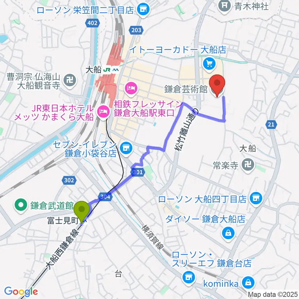 富士見町駅から鎌倉芸術館へのルートマップ地図