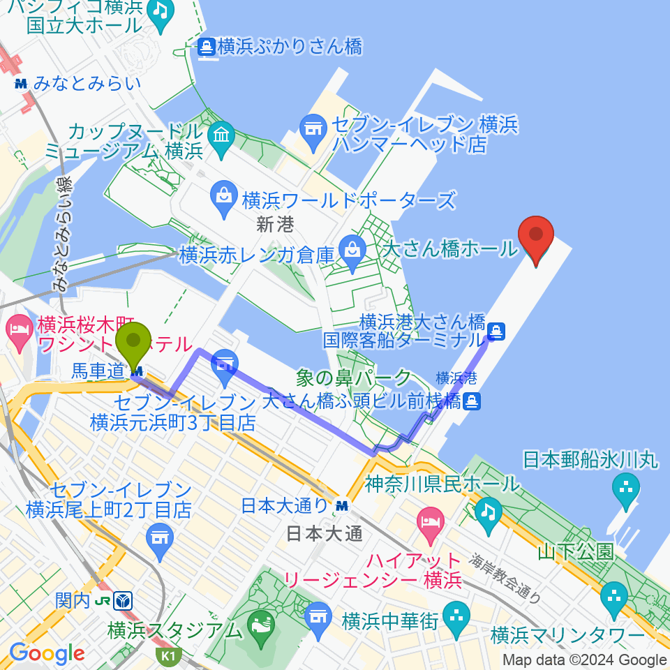 馬車道駅から大さん橋ホールへのルートマップ地図