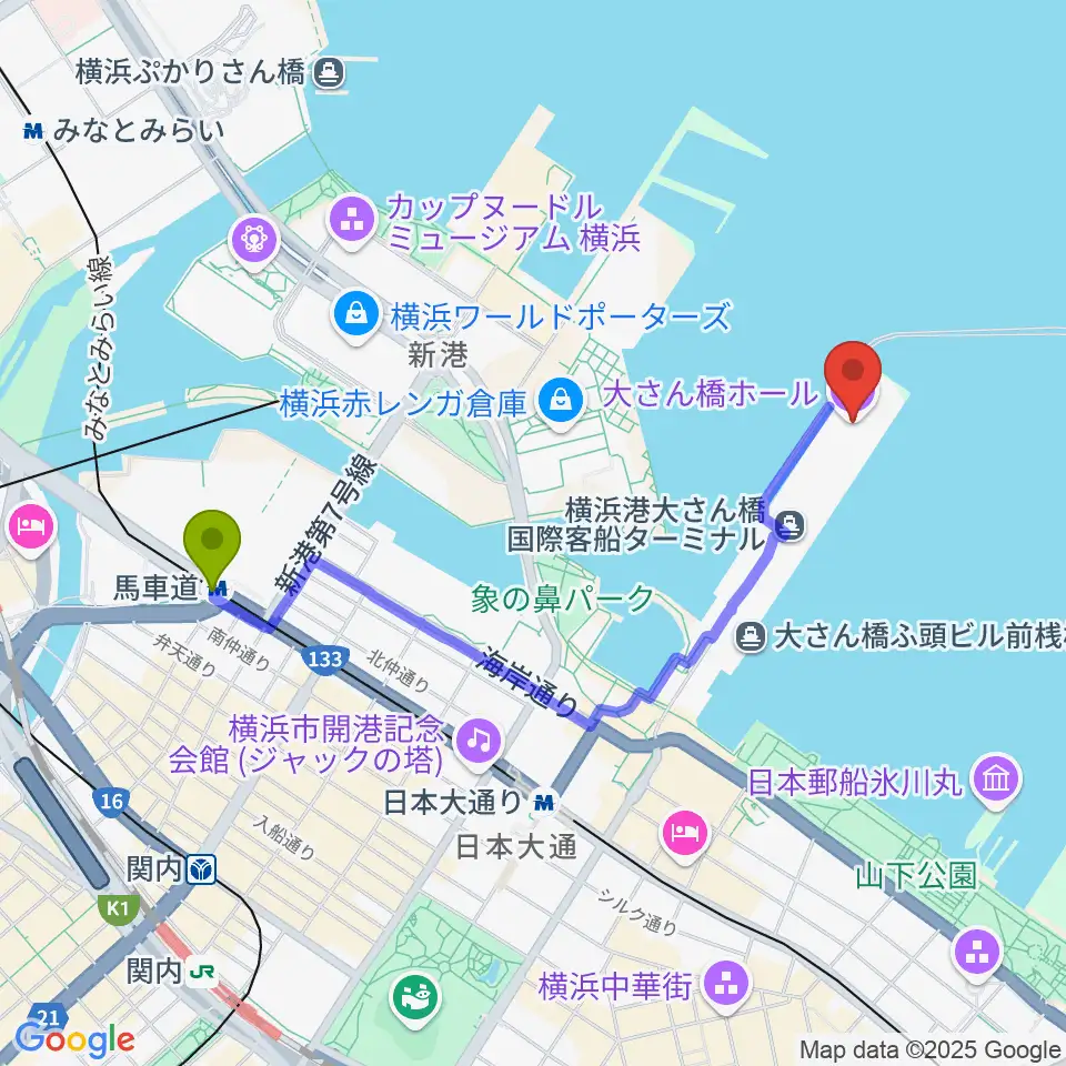 馬車道駅から大さん橋ホールへのルートマップ地図