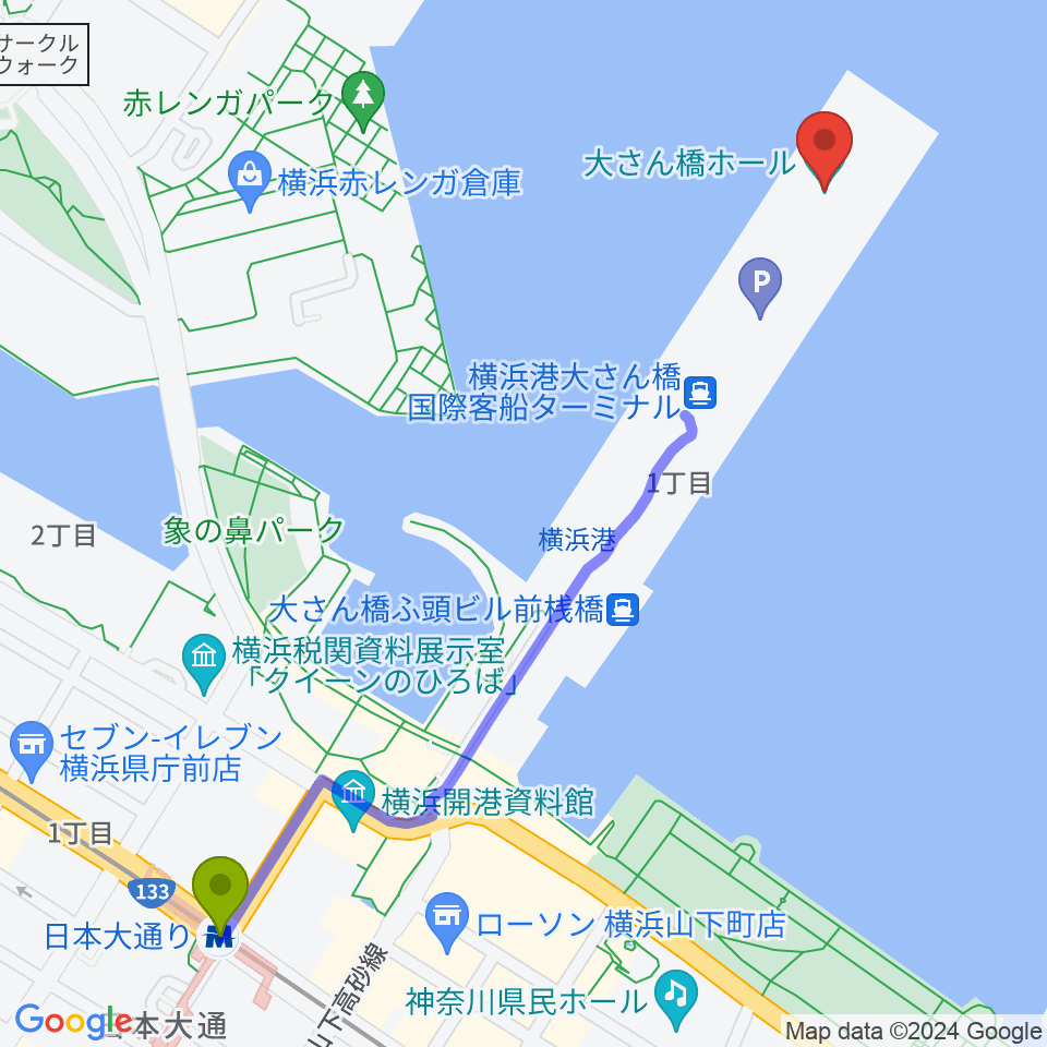 大さん橋ホールの最寄駅日本大通り駅からの徒歩ルート（約14分）地図