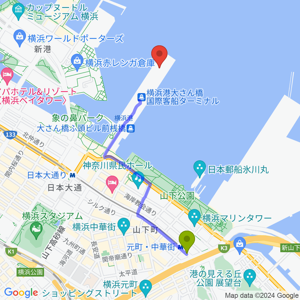 元町・中華街駅から大さん橋ホールへのルートマップ地図