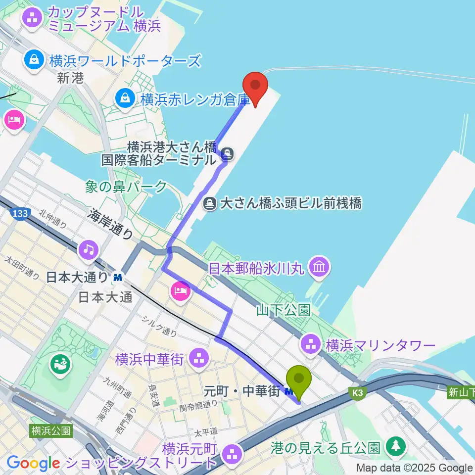 元町・中華街駅から大さん橋ホールへのルートマップ地図