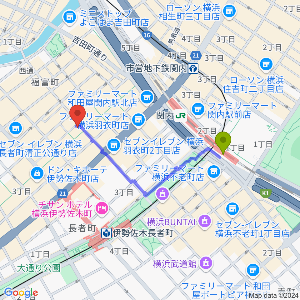 関内駅から伊勢佐木町ジョンジョンへのルートマップ地図