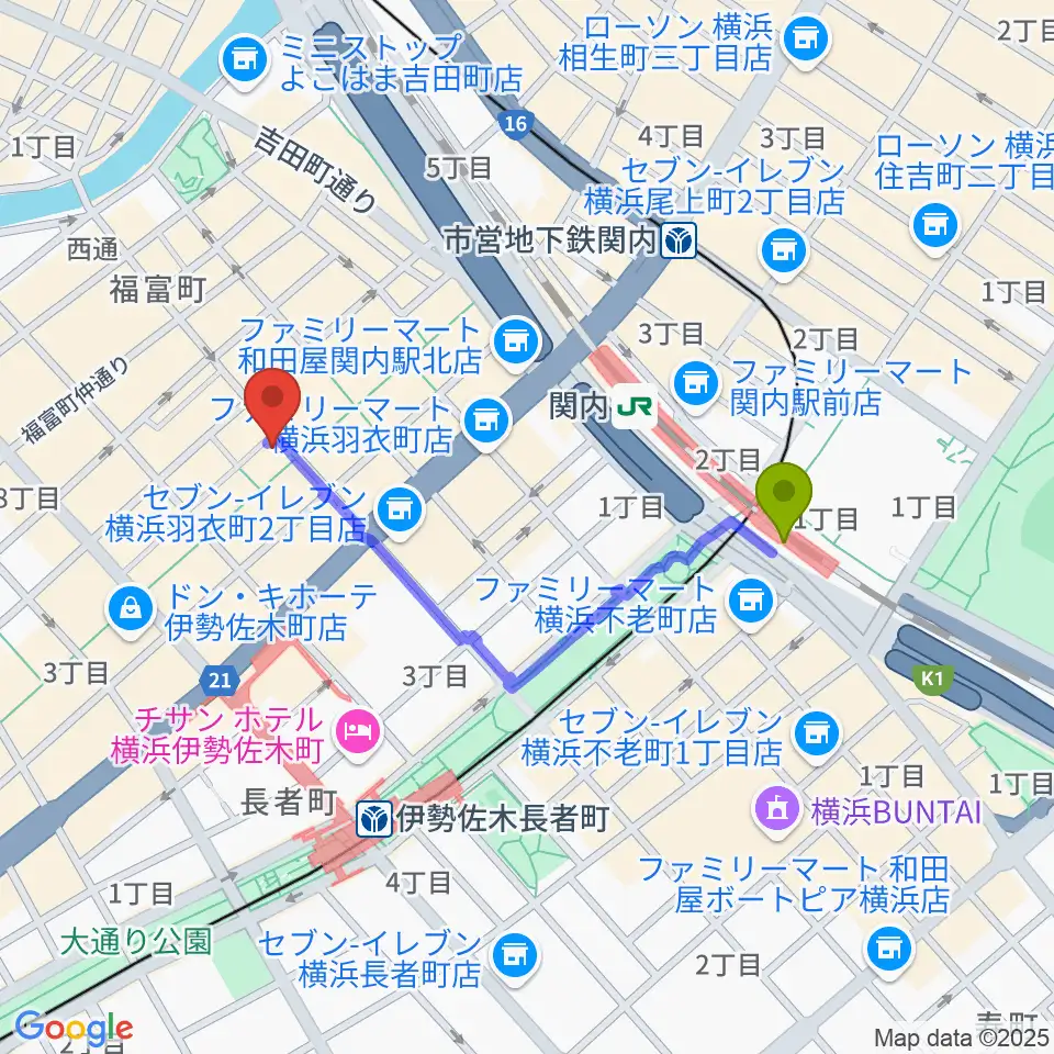 関内駅から伊勢佐木町ジョンジョンへのルートマップ地図