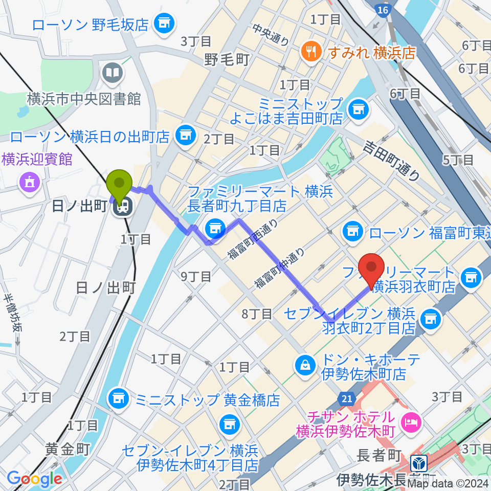 日ノ出町駅から伊勢佐木町ジョンジョンへのルートマップ地図