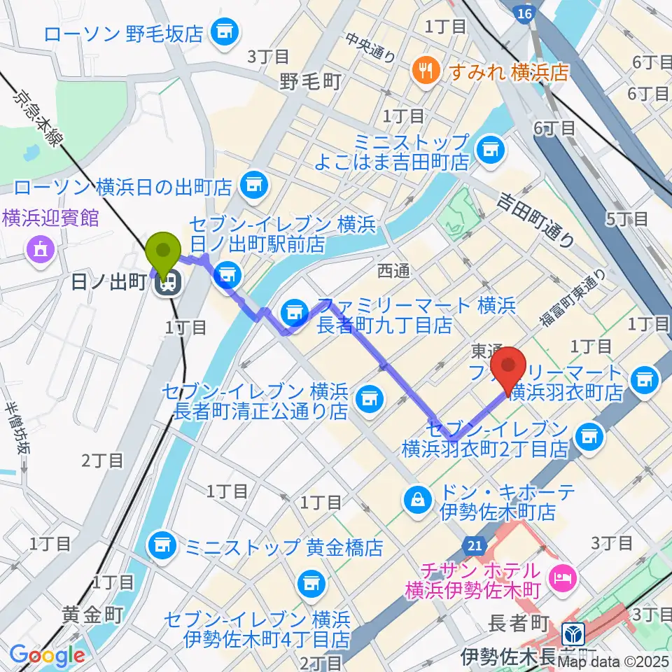 日ノ出町駅から伊勢佐木町ジョンジョンへのルートマップ地図