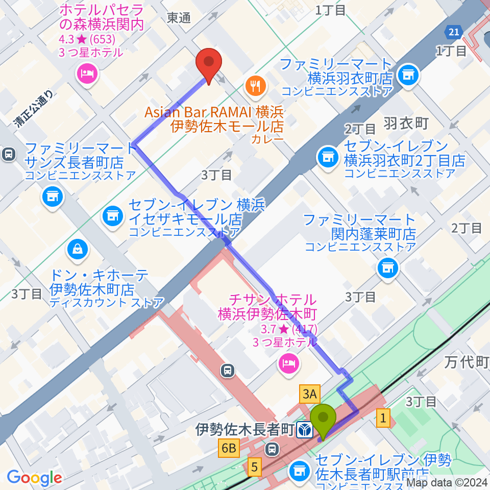 伊勢佐木町ジョンジョンの最寄駅伊勢佐木長者町駅からの徒歩ルート（約6分）地図