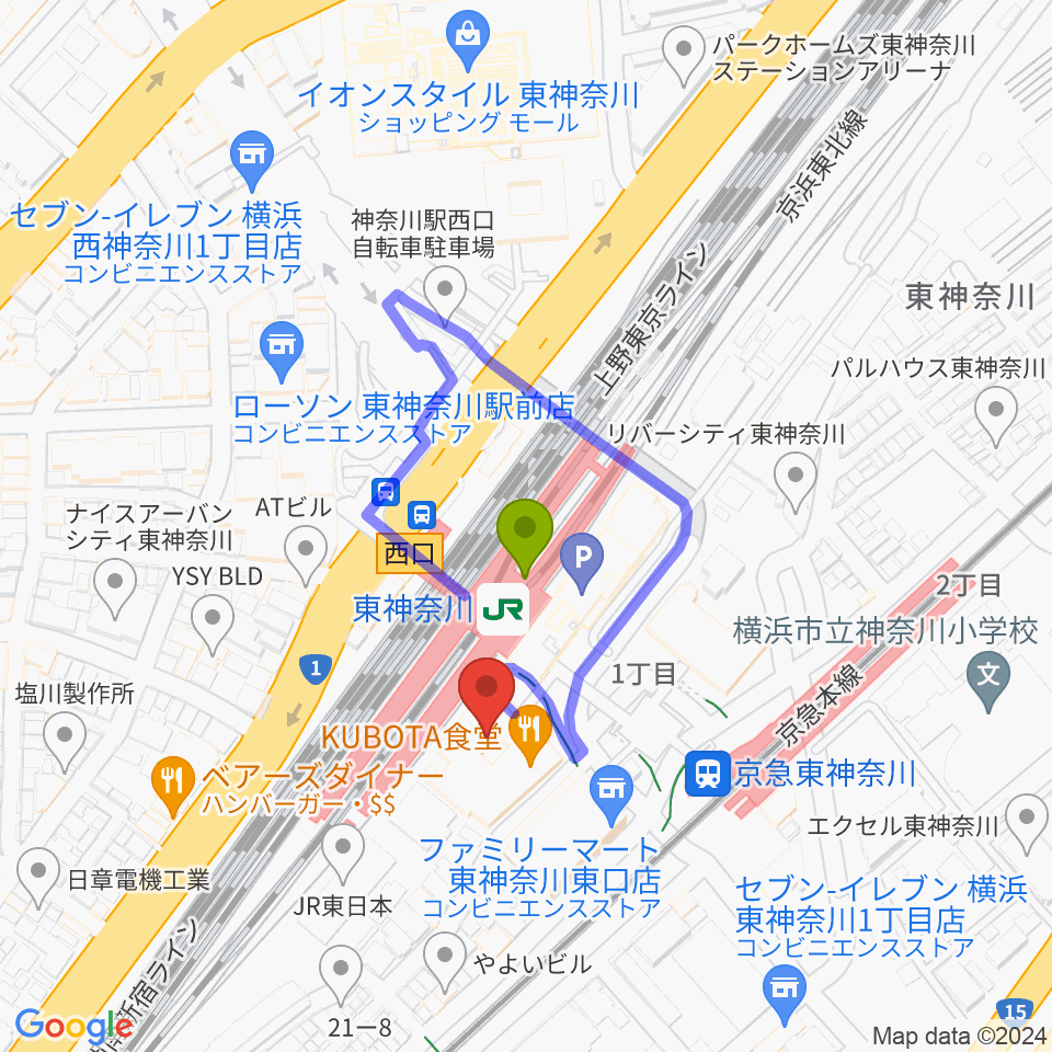 かなっくホールの最寄駅東神奈川駅からの徒歩ルート（約1分）地図
