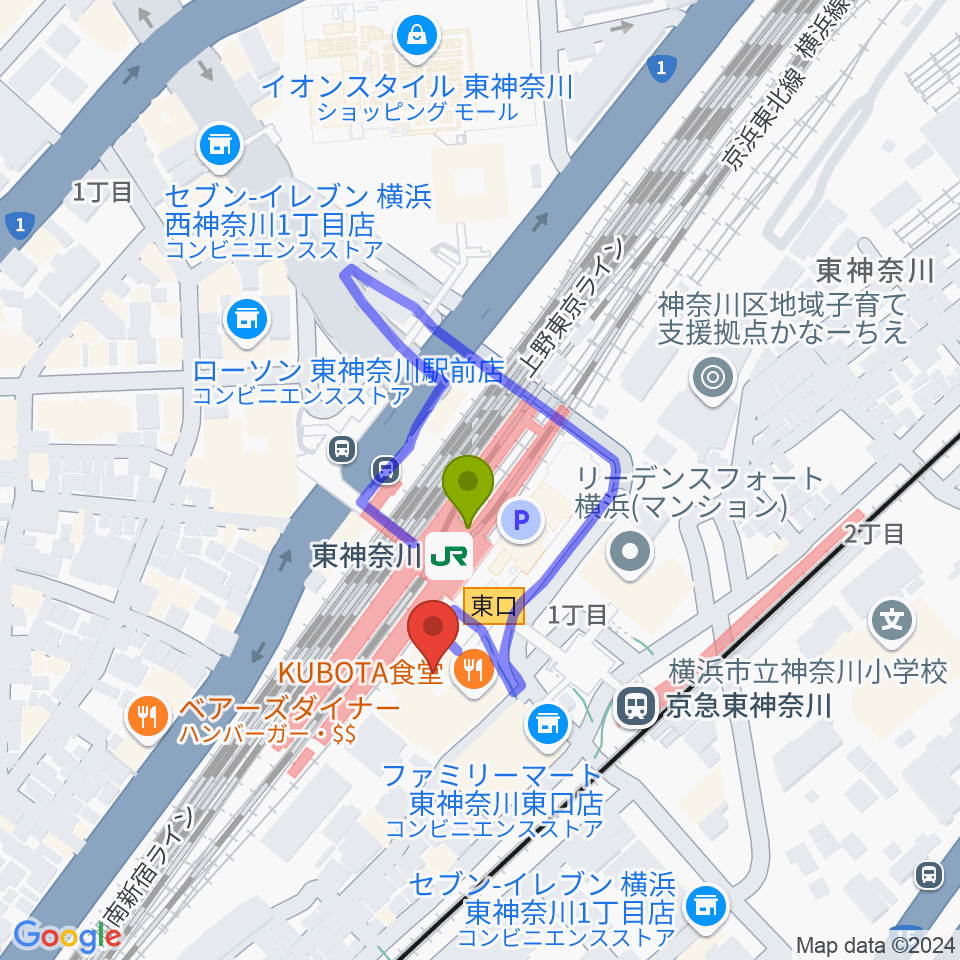 かなっくホールの最寄駅東神奈川駅からの徒歩ルート（約1分）地図