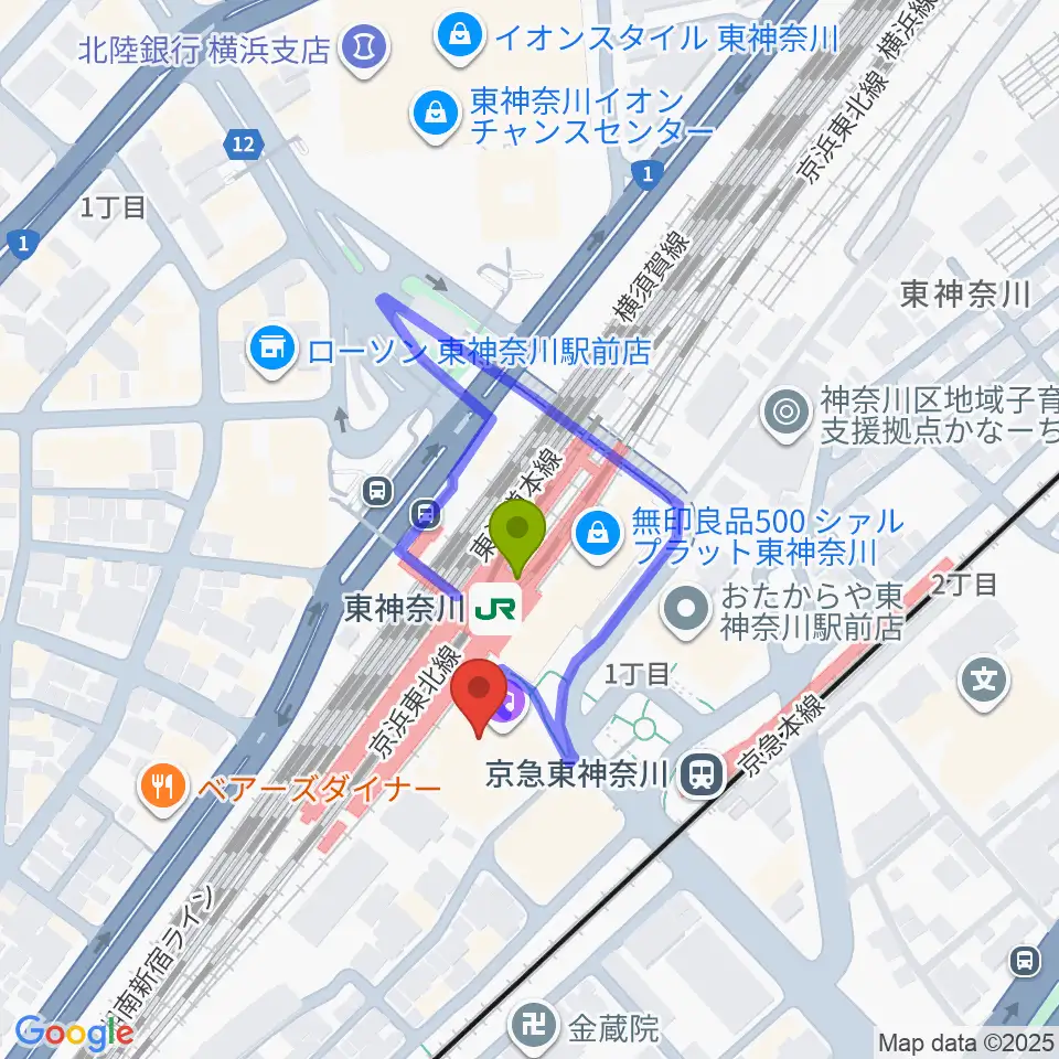 かなっくホールの最寄駅東神奈川駅からの徒歩ルート（約1分）地図