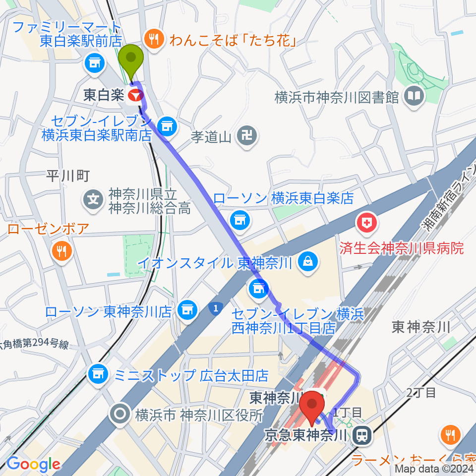 東白楽駅からかなっくホールへのルートマップ地図