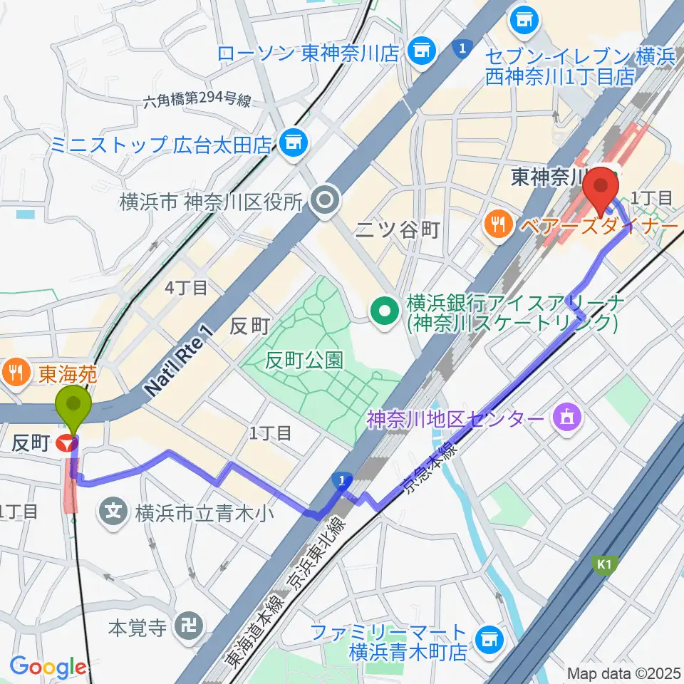 反町駅からかなっくホールへのルートマップ地図