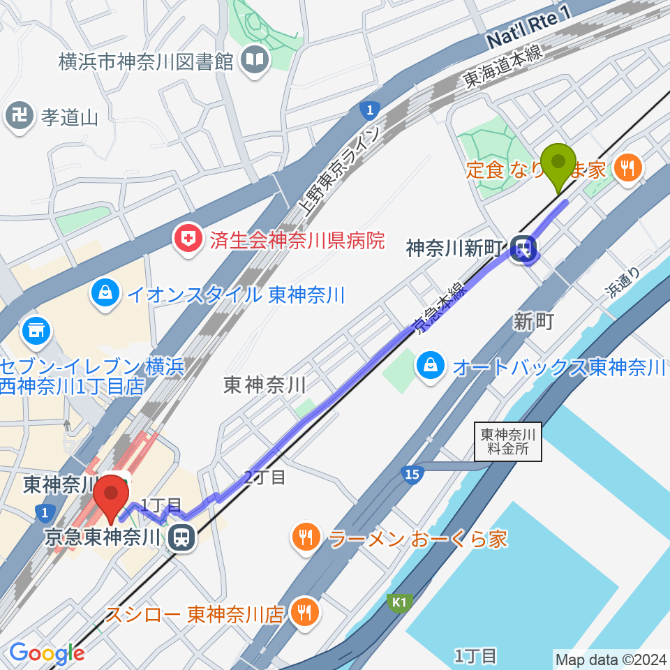 神奈川新町駅からかなっくホールへのルートマップ地図