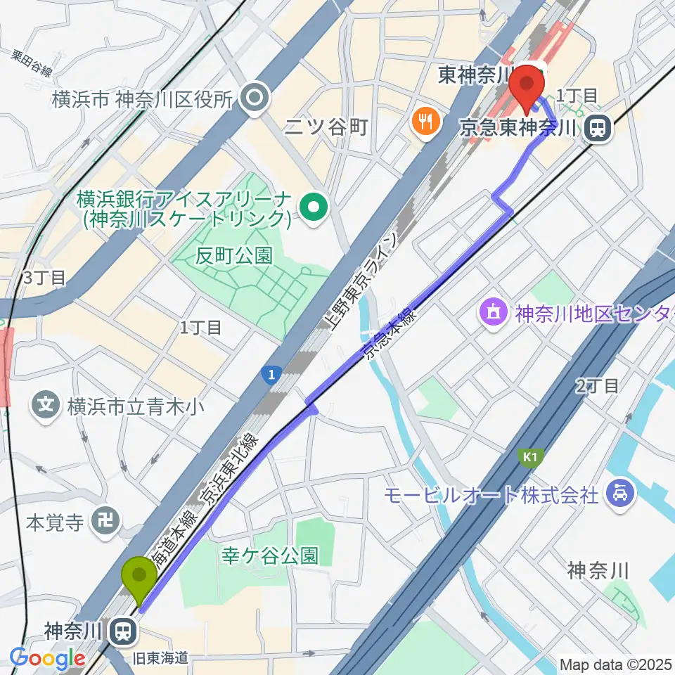 神奈川駅からかなっくホールへのルートマップ地図