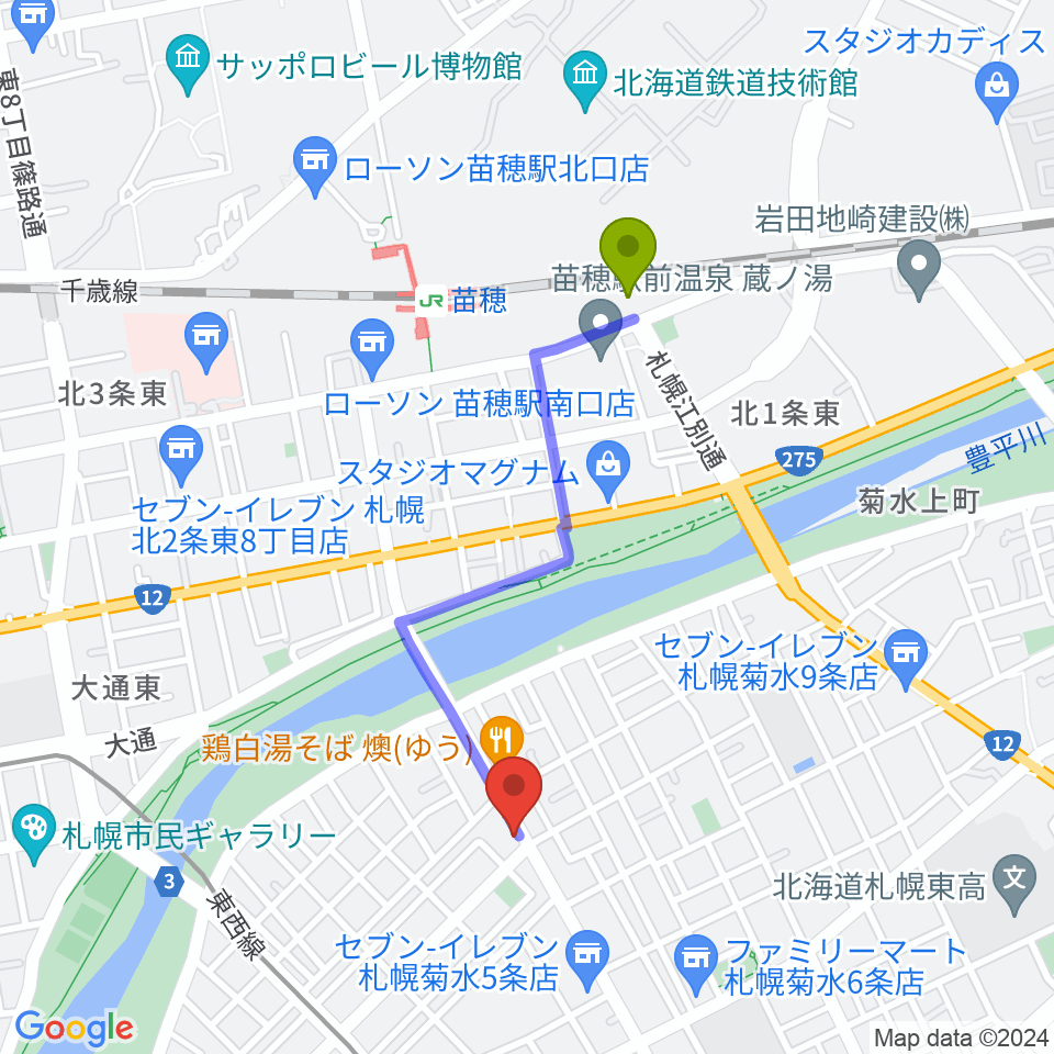 苗穂駅からSTUDIO BLUE-DUNへのルートマップ地図