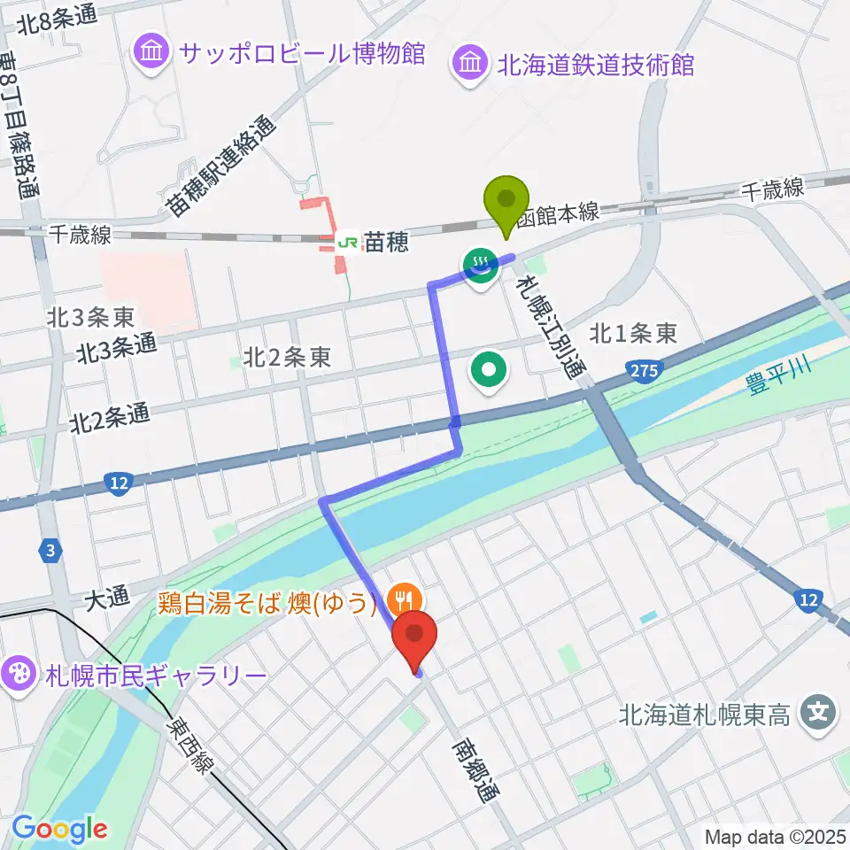 苗穂駅からSTUDIO BLUE-DUNへのルートマップ地図