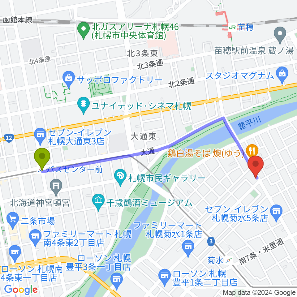 バスセンター前駅からSTUDIO BLUE-DUNへのルートマップ地図