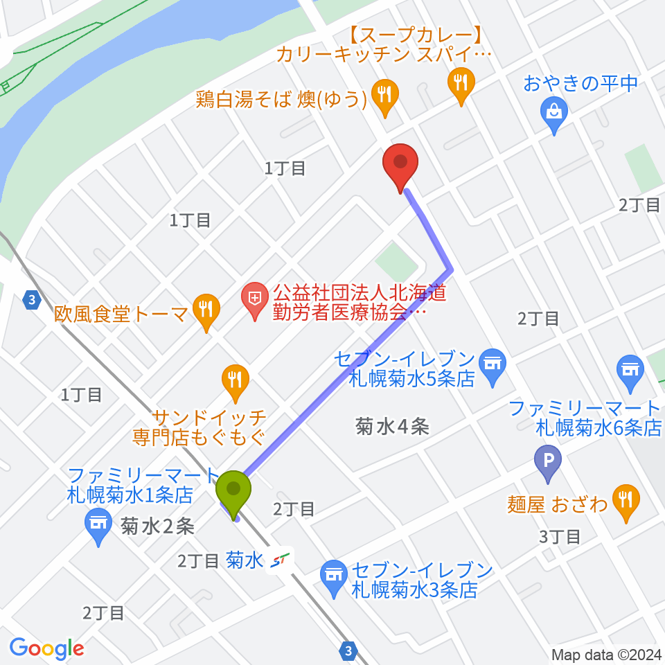 STUDIO BLUE-DUNの最寄駅菊水駅からの徒歩ルート（約8分）地図