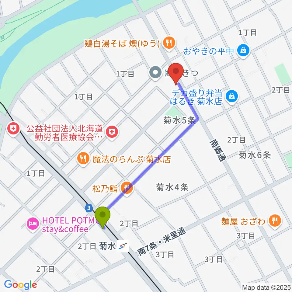 STUDIO BLUE-DUNの最寄駅菊水駅からの徒歩ルート（約8分）地図