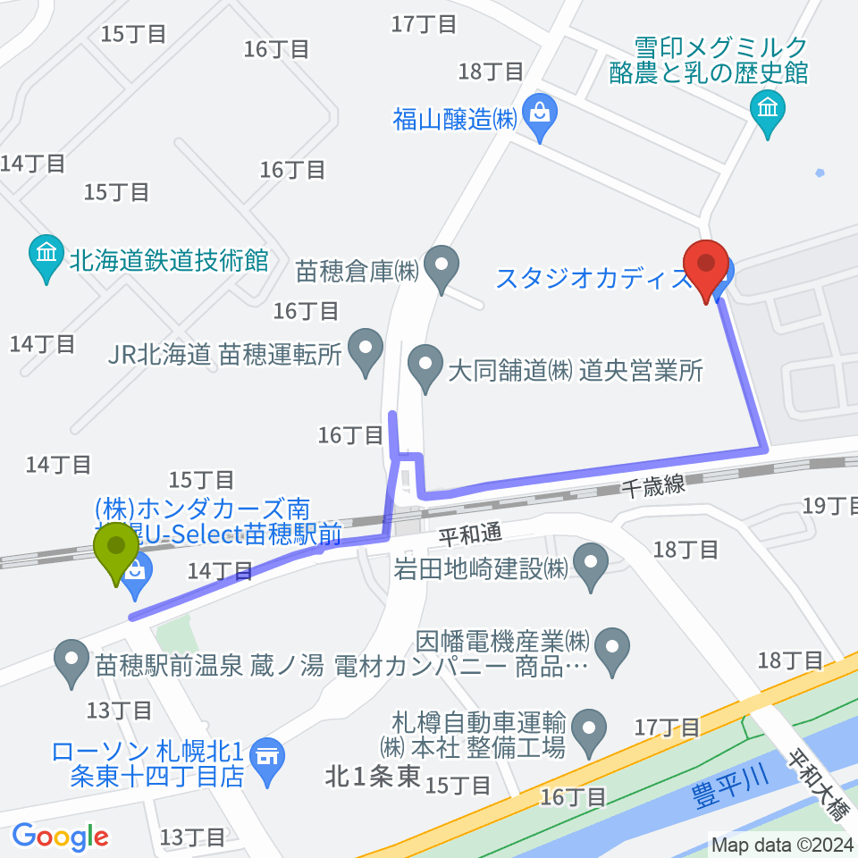 スタジオカディスの最寄駅苗穂駅からの徒歩ルート（約11分）地図