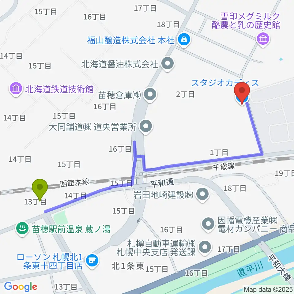 スタジオカディスの最寄駅苗穂駅からの徒歩ルート（約11分）地図