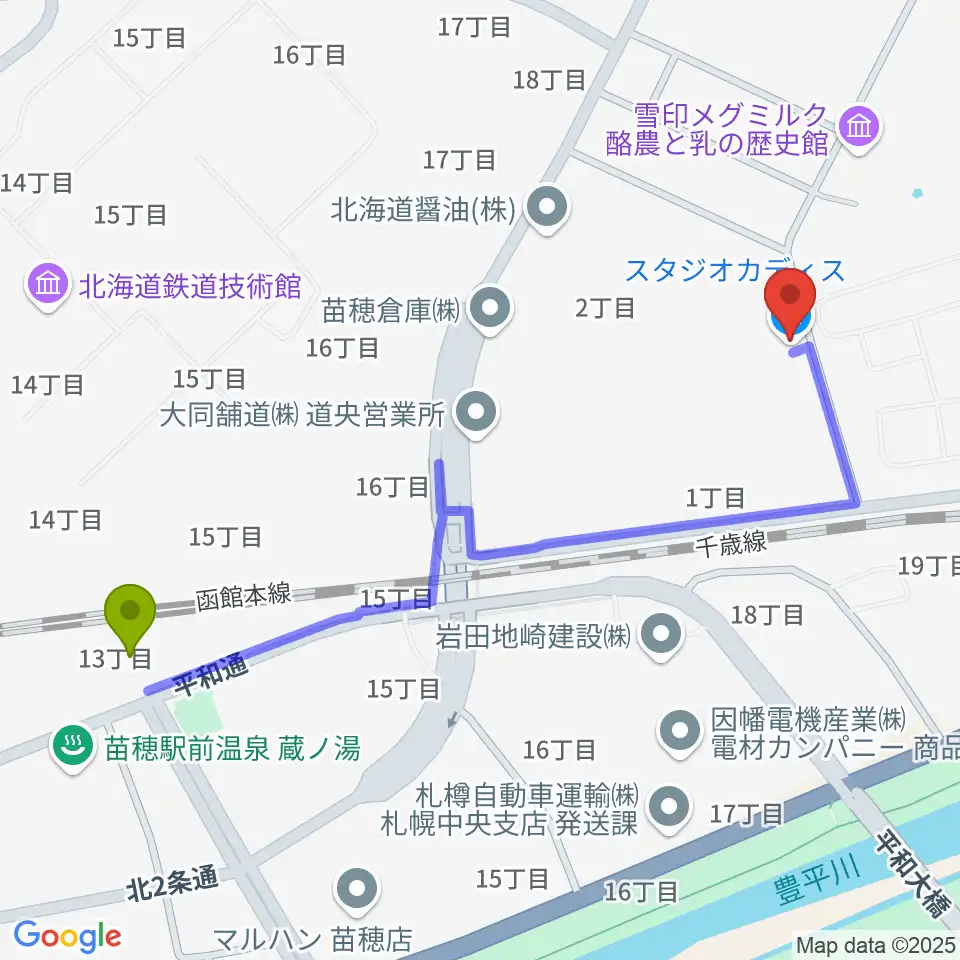 スタジオカディスの最寄駅苗穂駅からの徒歩ルート（約11分）地図