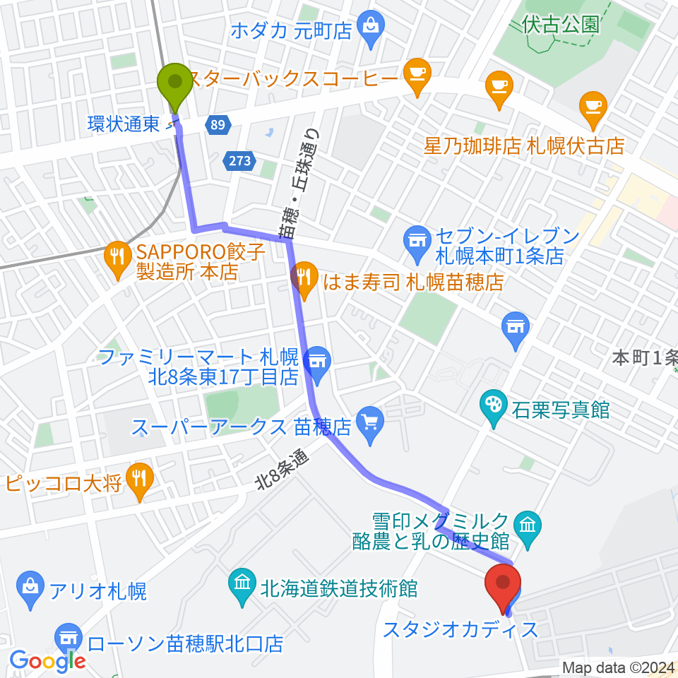 環状通東駅からスタジオカディスへのルートマップ地図