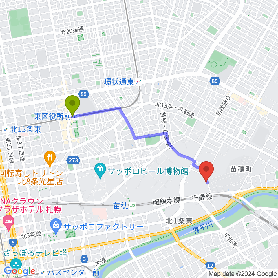 東区役所前駅からスタジオカディスへのルートマップ地図