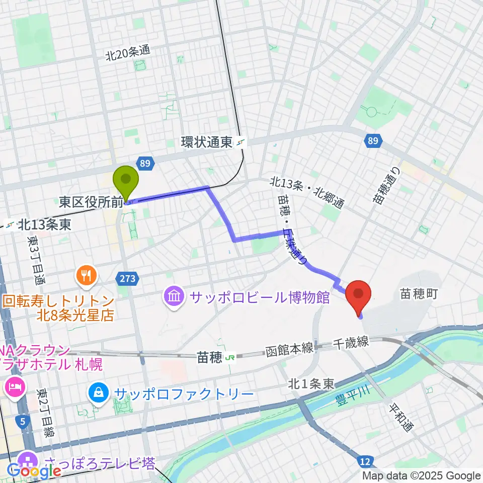 東区役所前駅からスタジオカディスへのルートマップ地図