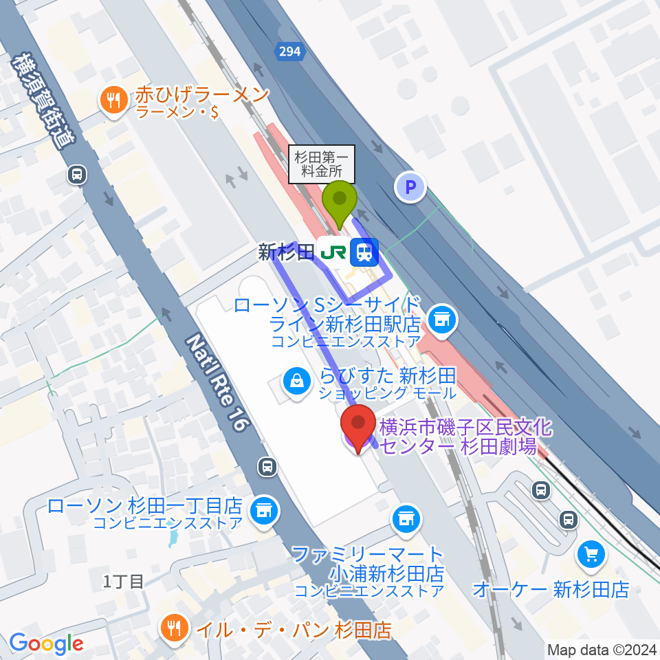 磯子区民文化センター杉田劇場の最寄駅新杉田駅からの徒歩ルート（約3分）地図