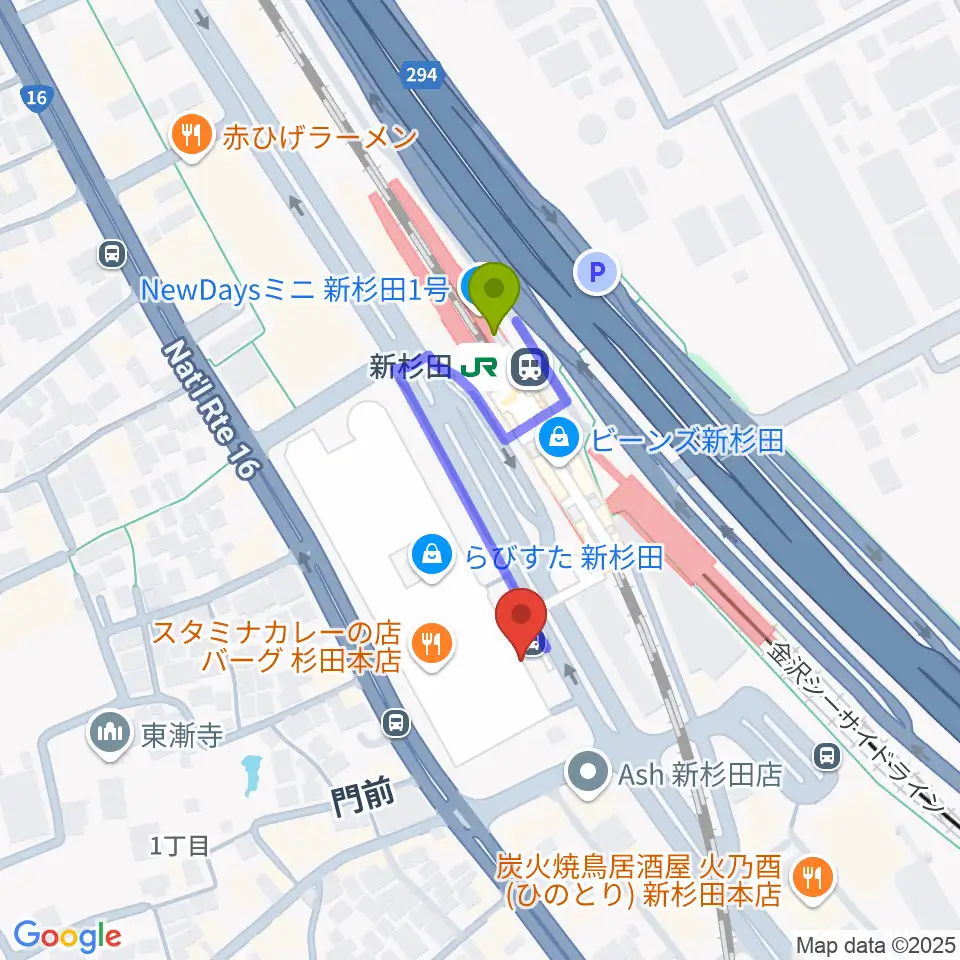 磯子区民文化センター杉田劇場の最寄駅新杉田駅からの徒歩ルート（約3分）地図