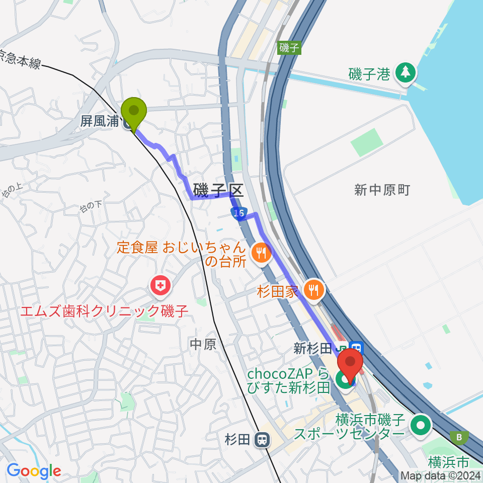 屏風浦駅から磯子区民文化センター杉田劇場へのルートマップ地図