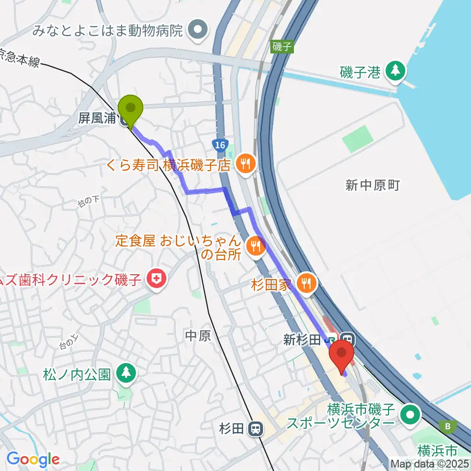 屏風浦駅から磯子区民文化センター杉田劇場へのルートマップ地図