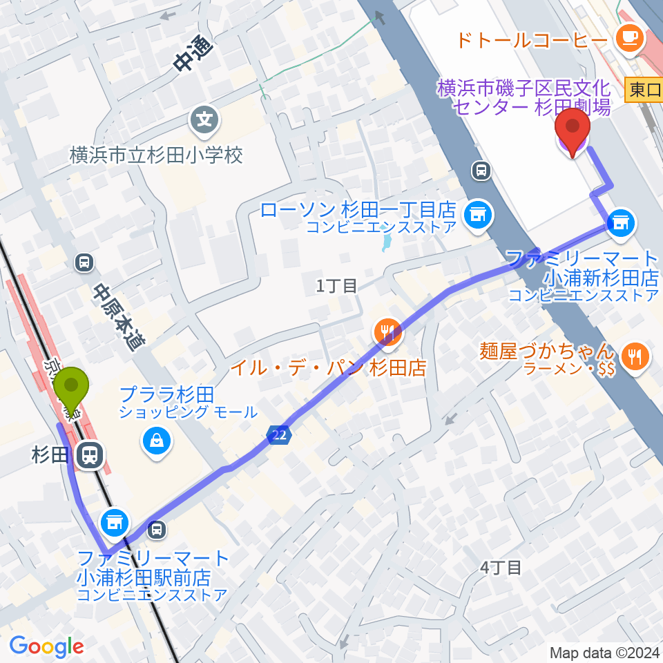 杉田駅から磯子区民文化センター杉田劇場へのルートマップ地図