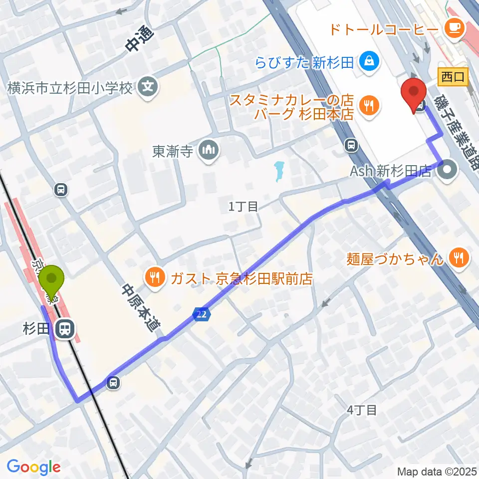 杉田駅から磯子区民文化センター杉田劇場へのルートマップ地図
