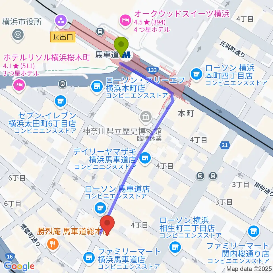 横浜関内ホールの最寄駅馬車道駅からの徒歩ルート（約5分）地図