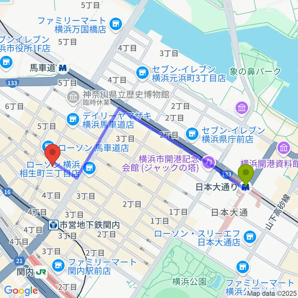 日本大通り駅から横浜関内ホールへのルートマップ地図