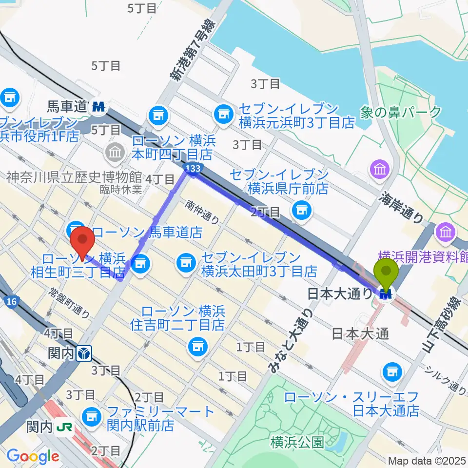 日本大通り駅から横浜関内ホールへのルートマップ地図