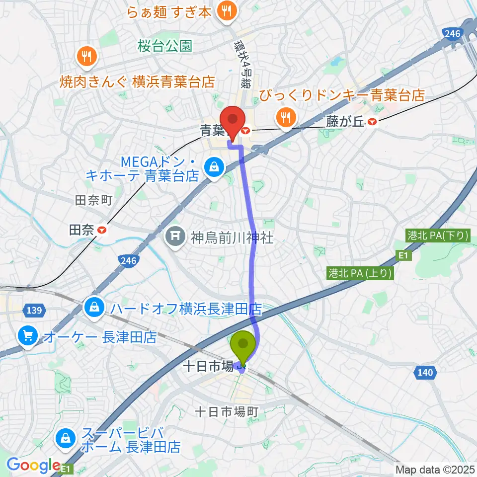 十日市場駅からフィリアホール 横浜市青葉区民文化センターへのルートマップ地図