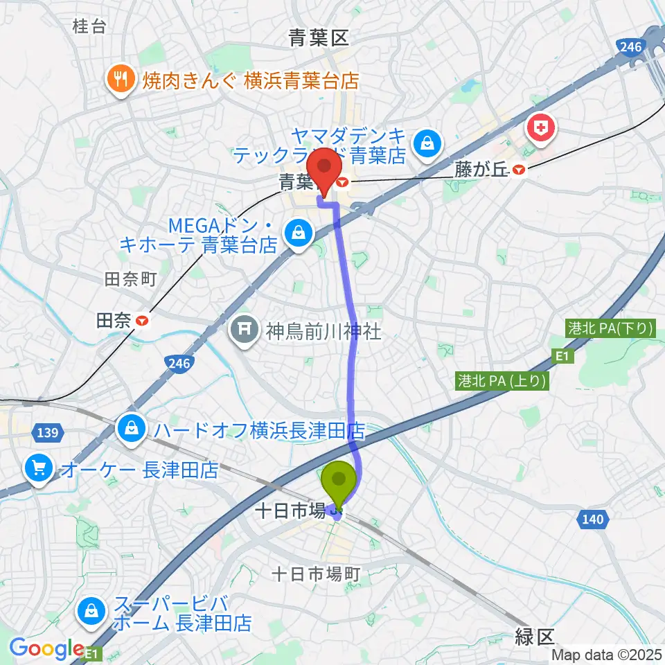 十日市場駅からフィリアホール 横浜市青葉区民文化センターへのルートマップ地図