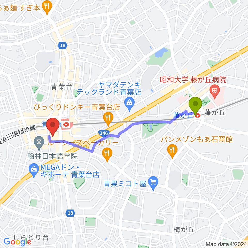 藤が丘駅からフィリアホール 横浜市青葉区民文化センターへのルートマップ地図