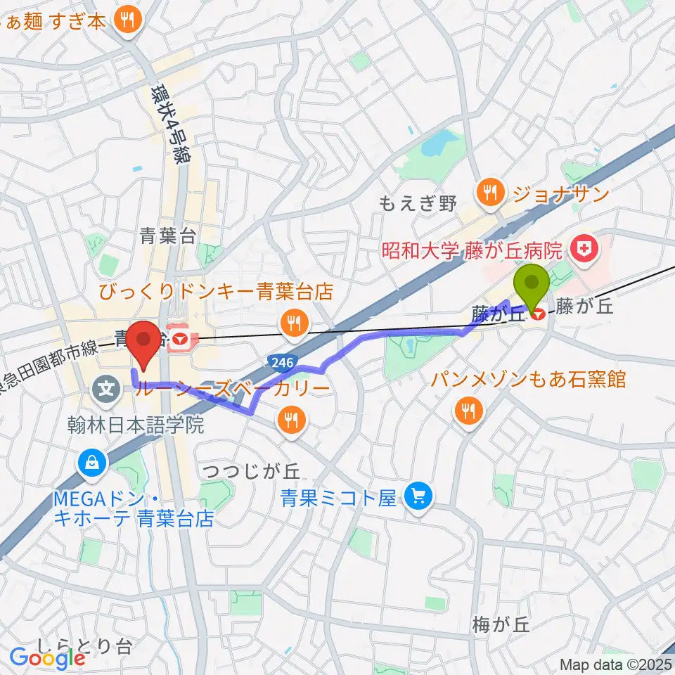 藤が丘駅からフィリアホール 横浜市青葉区民文化センターへのルートマップ地図