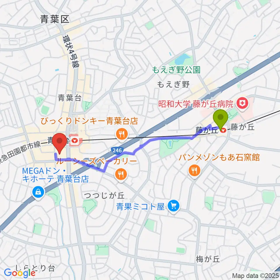 藤が丘駅からフィリアホール 横浜市青葉区民文化センターへのルートマップ地図