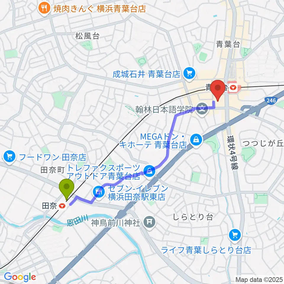 田奈駅からフィリアホール 横浜市青葉区民文化センターへのルートマップ地図