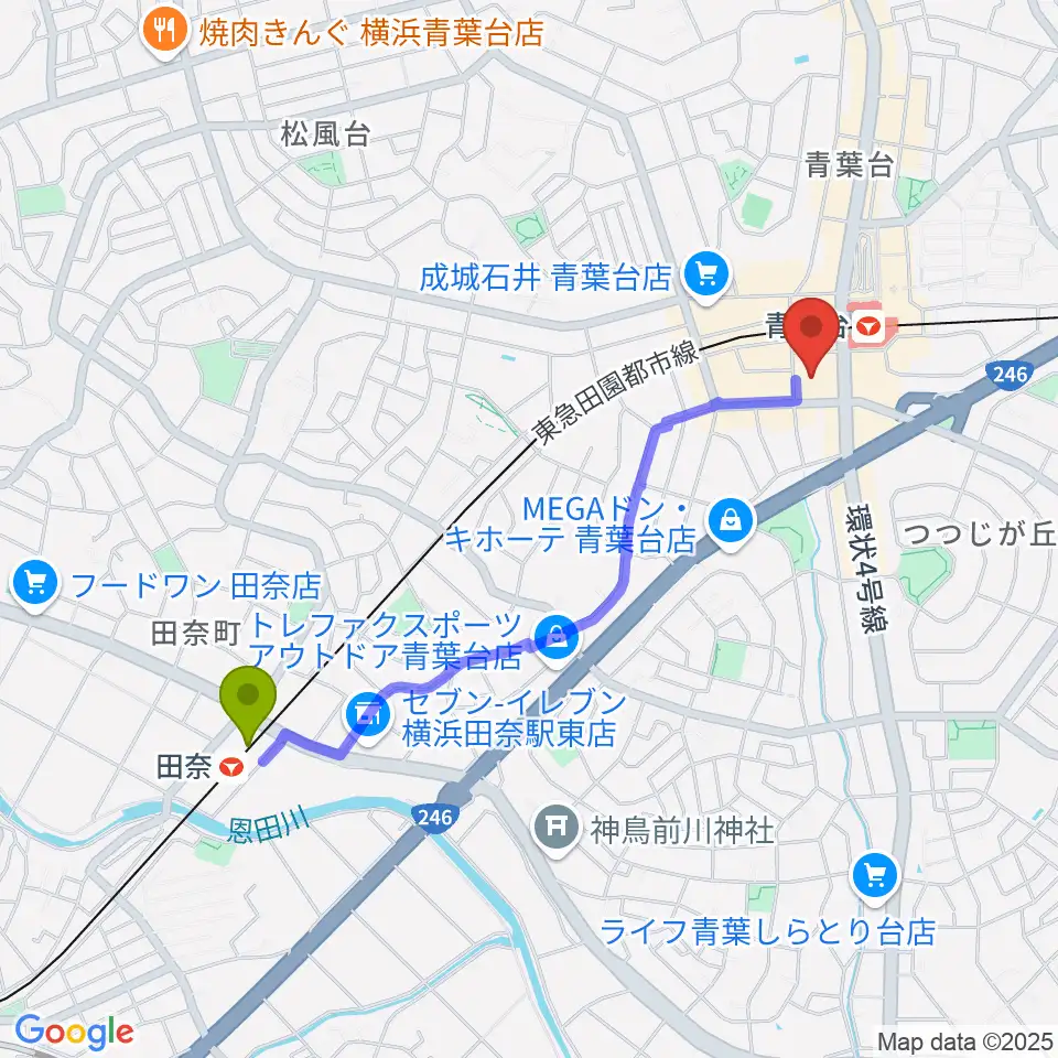 田奈駅からフィリアホール 横浜市青葉区民文化センターへのルートマップ地図