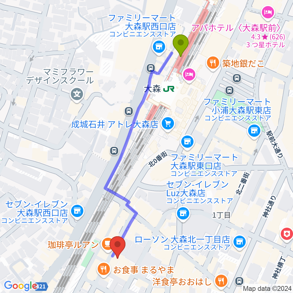 フォーク居酒屋 風に吹かれての最寄駅大森駅からの徒歩ルート（約6分）地図