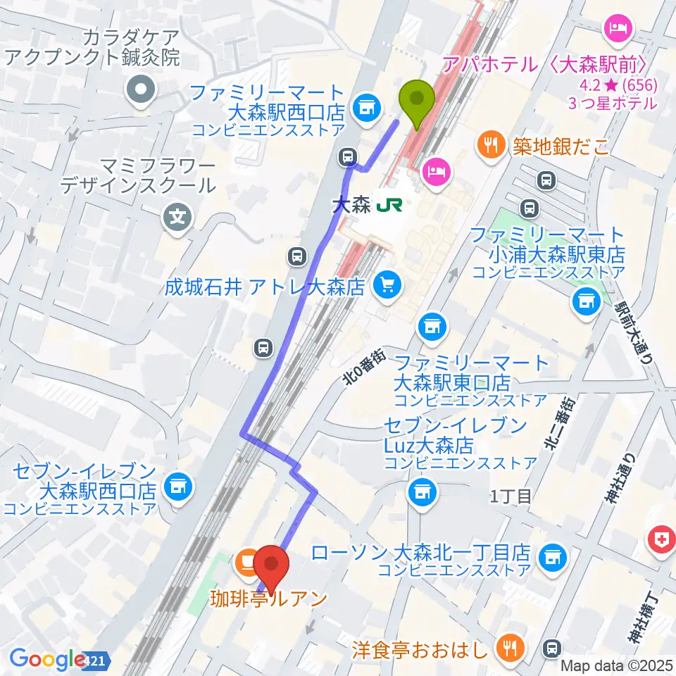 フォーク居酒屋 風に吹かれての最寄駅大森駅からの徒歩ルート（約6分）地図