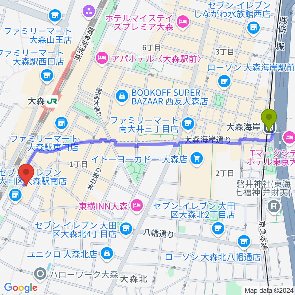 大森海岸駅からフォーク居酒屋 風に吹かれてへのルートマップ地図